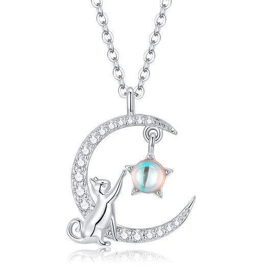 Shine with elegance in the 925 Sterling Silver Cute Cat Star Zircon Moon Necklace for Women by Glam Sleek. Crafted with premium sterling silver, this delicate pendant necklace features a charming cat, star, and moon design accented with sparkling zircon, symbolizing love and dreams. Perfect for daily wear, gifts, or special occasions, this trendy silver necklace blends cute charm with timeless elegance. Ideal for women who love cat jewelry, moon necklaces, and celestial-inspired fashion.