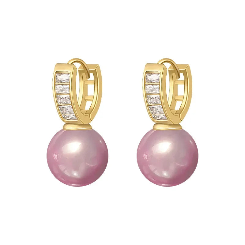 New French Inlaid Zircon Pink Pearl Earrings by glam sleek
