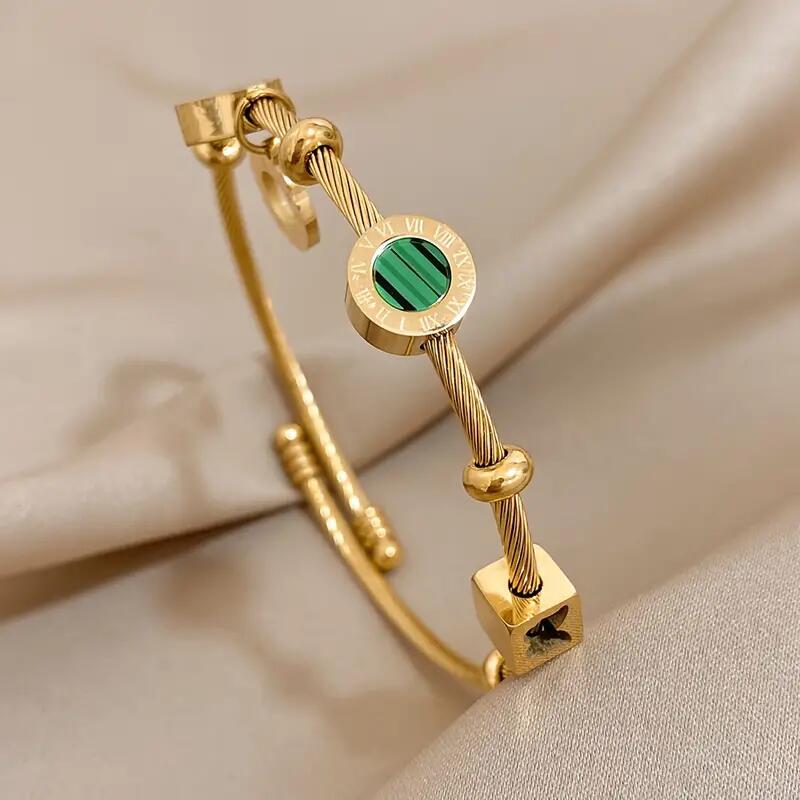 ### Stainless Steel Malachite Roman Numeral Charm Bracelet for Women

Elevate your style with the **Glam Sleek Stainless Steel Malachite Roman Numeral Charm Bracelet**. Featuring an elegant malachite-inspired design and Roman numeral charm, this stylish bracelet adds a sophisticated touch to everyday outfits, parties and special occasions. A beautiful choice for **women’s jewelry, fashion bracelets, charm bracelets and jewelry gifts**.
