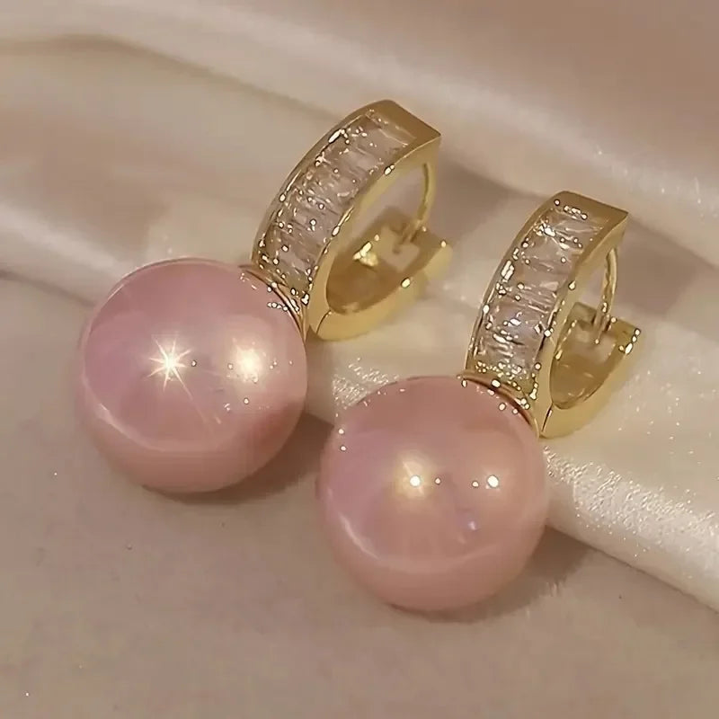New French Inlaid Zircon Pink Pearl Earrings