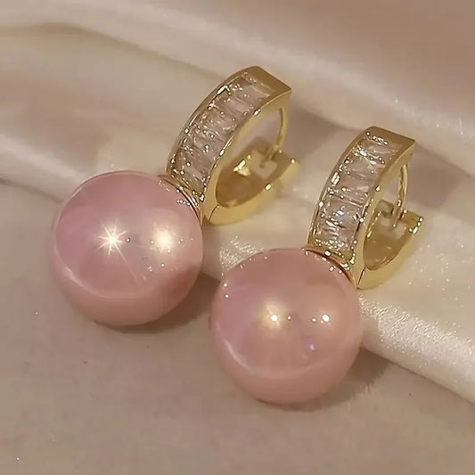 New French Inlaid Zircon Pink Pearl Earrings