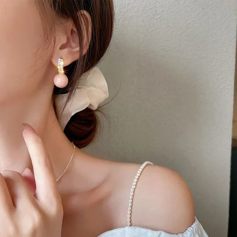 New French Inlaid Zircon Pink Pearl Earrings by glam sleek