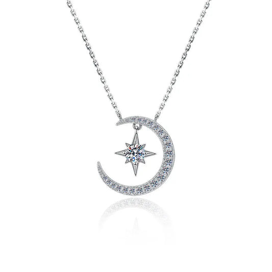 Shine bright with the Real Moissanite Sterling Silver Moon Star Necklace for Women by Glam Sleek. Crafted in premium 925 sterling silver and set with a sparkling real moissanite stone, this elegant moon and star pendant necklace symbolizes love, dreams, and timeless beauty. Perfect for daily wear or special occasions, it’s a meaningful gift for women who adore luxury jewelry with celestial charm.