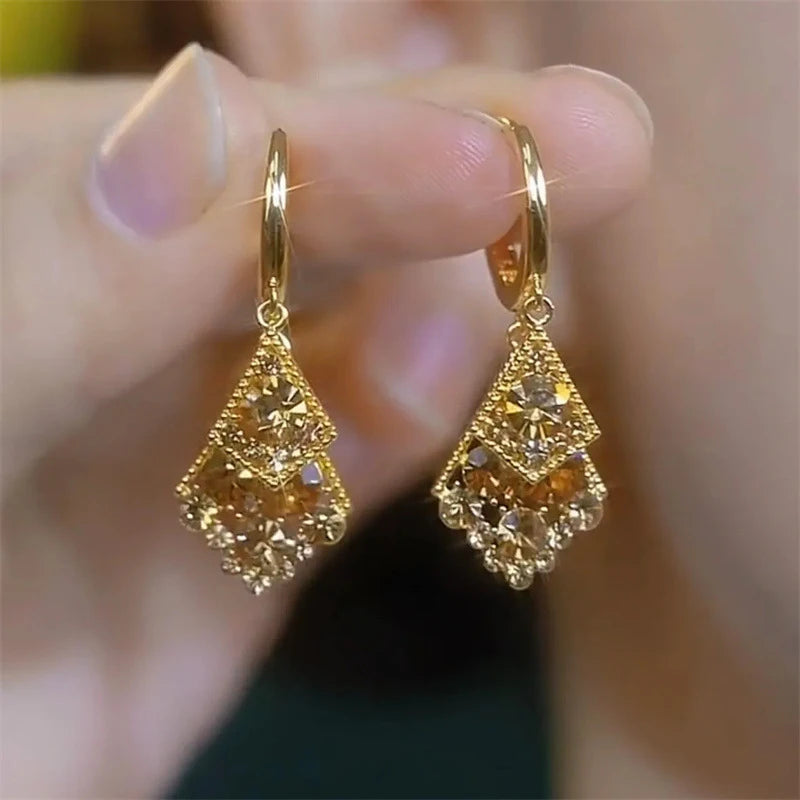 Retro Brown Double Square Pendant Gold Color Earrings