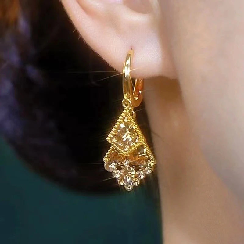 Retro Brown Double Square Pendant Gold Color Earrings