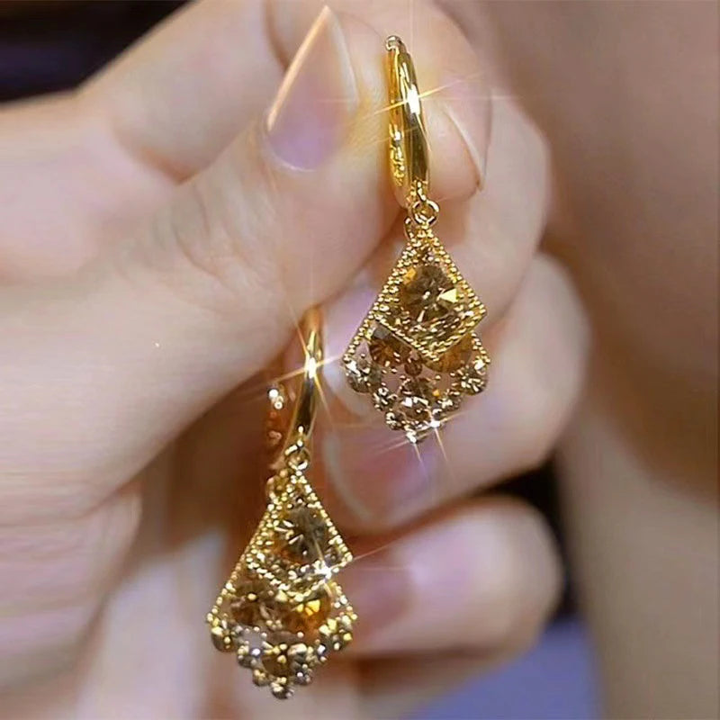 Retro Brown Double Square Pendant Gold Color Earrings