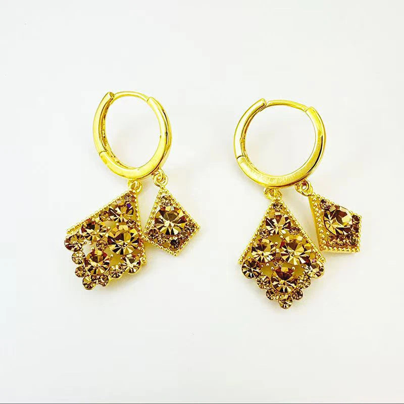Retro Brown Double Square Pendant Gold Color Earrings