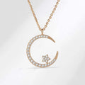 Rose gold necklace with crescent moon and star pendant on a light gray background