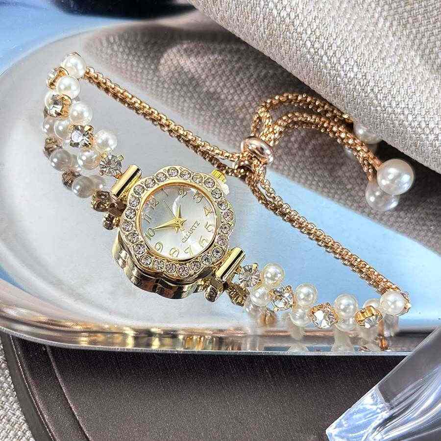 Double-Row Pearl Pull-Open Bracelet Quartz Watch