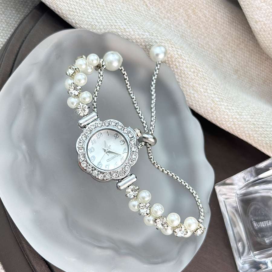 Double-Row Pearl Pull-Open Bracelet Quartz Watch