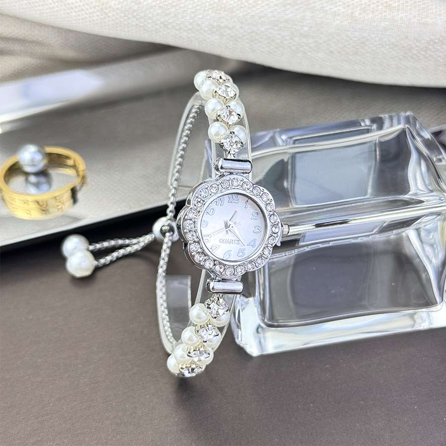 Double-Row Pearl Pull-Open Bracelet Quartz Watch