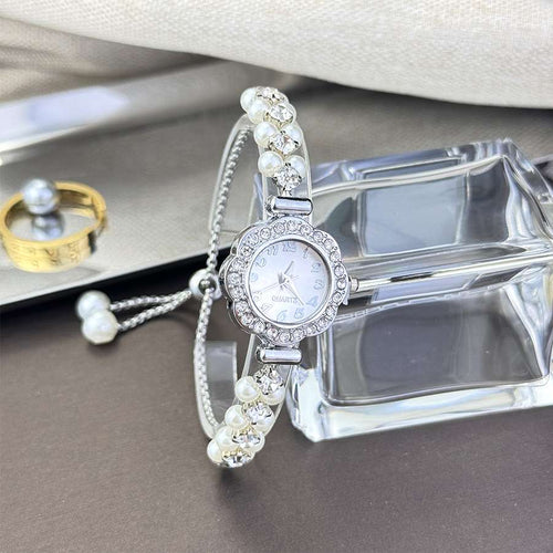 Double-Row Pearl Pull-Open Bracelet Quartz Watch