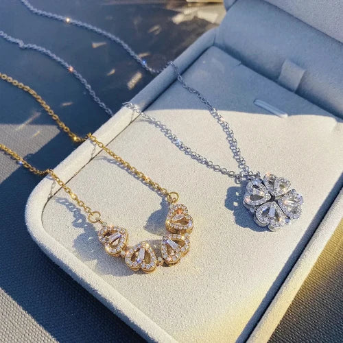 Add a touch of elegance and charm with the *Sparkling Four Hearts Clover Necklace* by Glam Sleek. This exquisite necklace features a four-heart clover design adorned with dazzling crystals, symbolizing luck, love, and elegance in every facet. Its delicate, modern chain complements any outfit, making it perfect for both everyday wear and special occasions. Embrace sophistication with a hint of sparkle that shines as beautifully as you do.